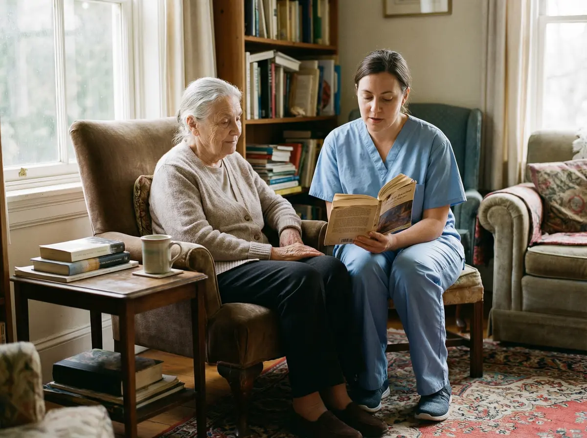 Companion lady sharing a reading moment with an elderly person