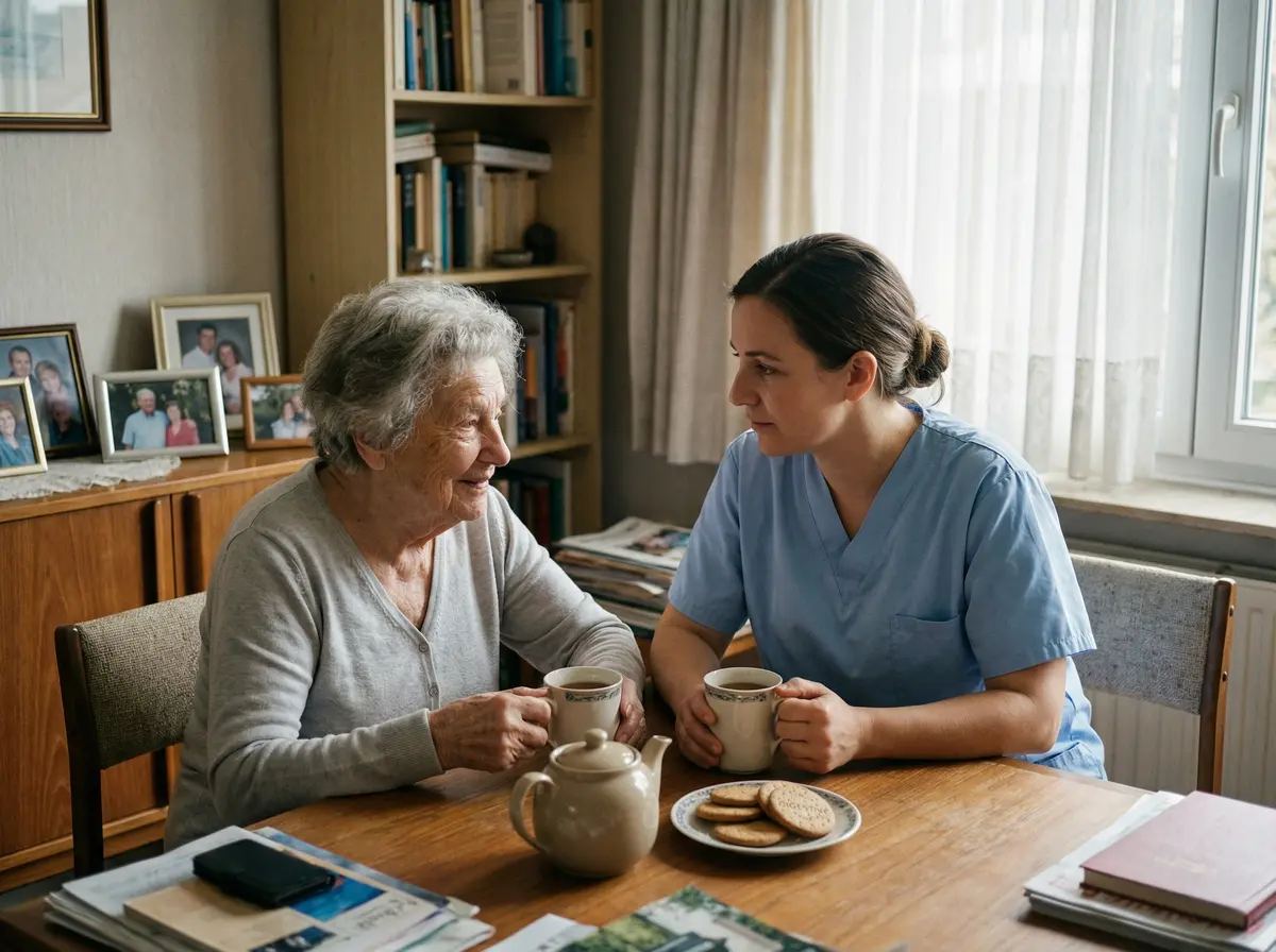 Companion lady sharing a tea moment with an elderly person