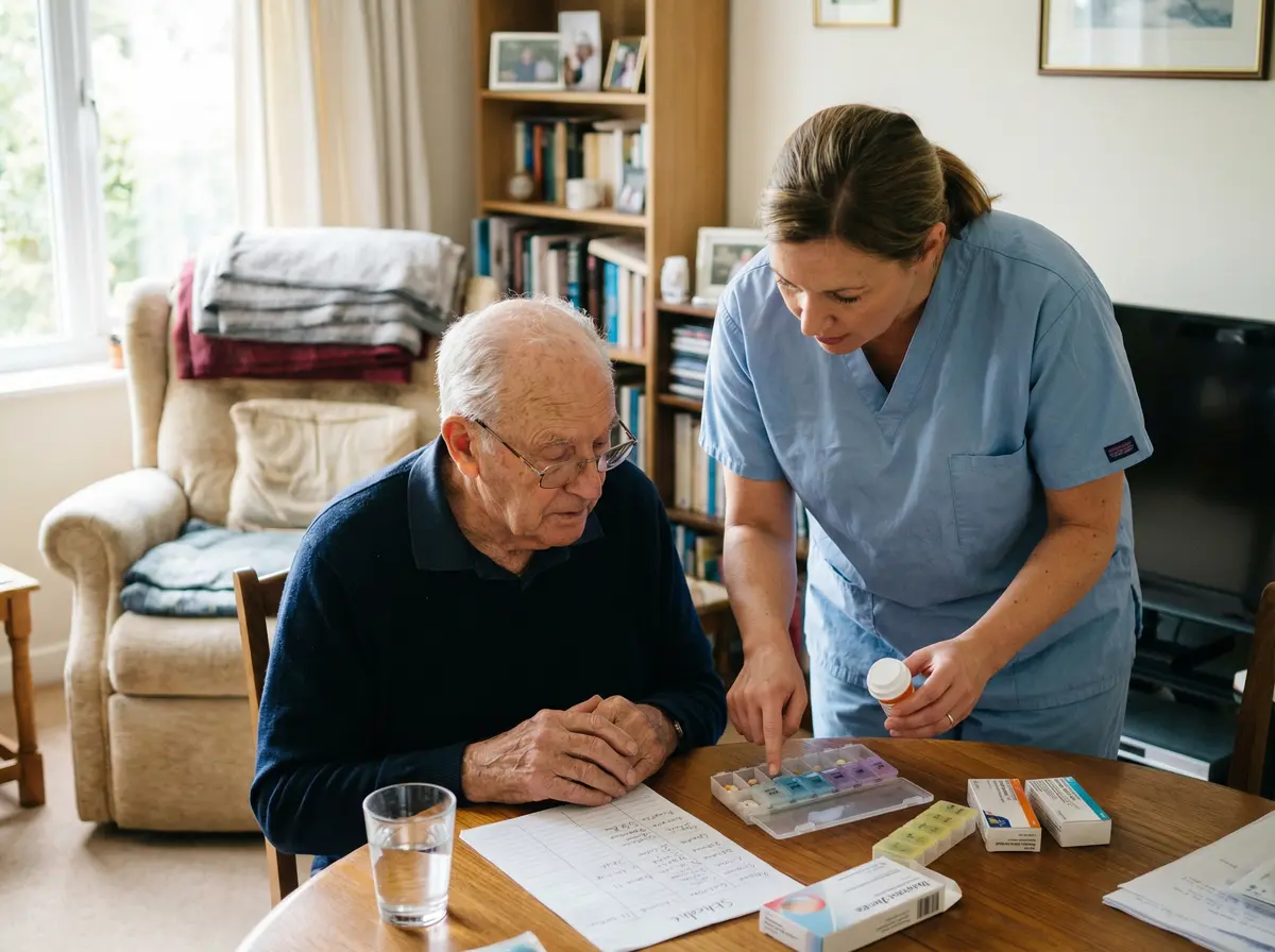 Caregiver helping a senior with medication management
