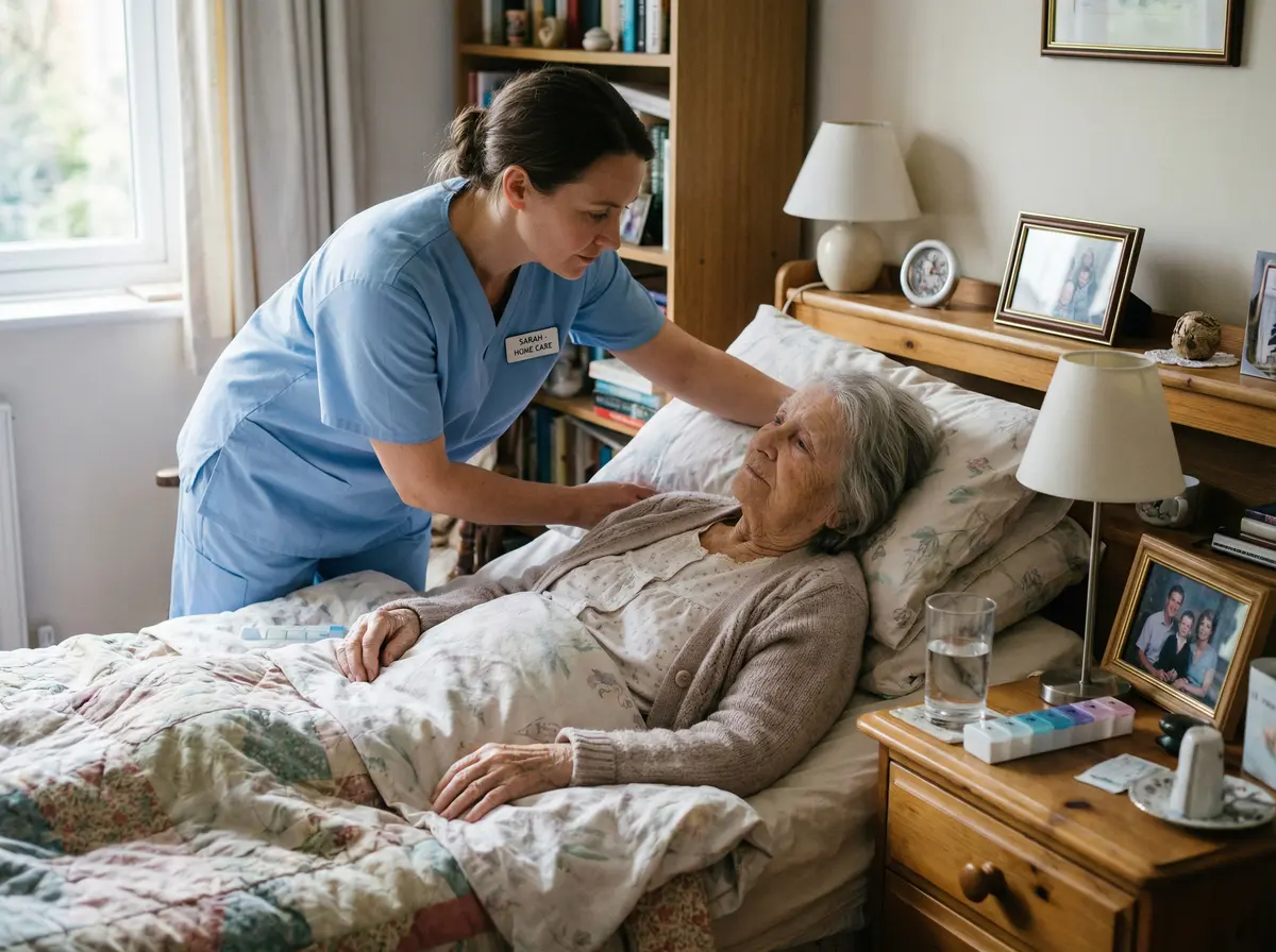 Home nurse accompanying a bedridden elderly person at home